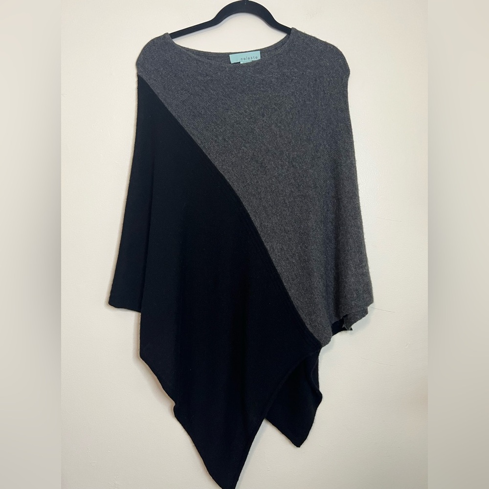 Celeste Wool Cashmere Colorblock Poncho Black Gray Asymmetrical‎ OS